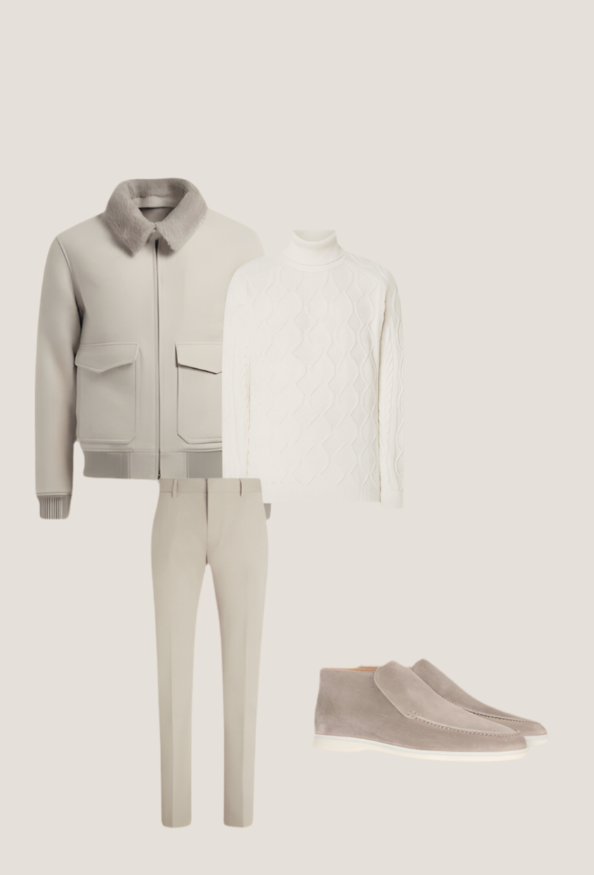 Komplett outfit herr | Jacka/Blazer + Tröja/Blus + Byxor + Loafers med hög mocka - Puento Fortade - TP 33 - Essential Winter Beige/Vit