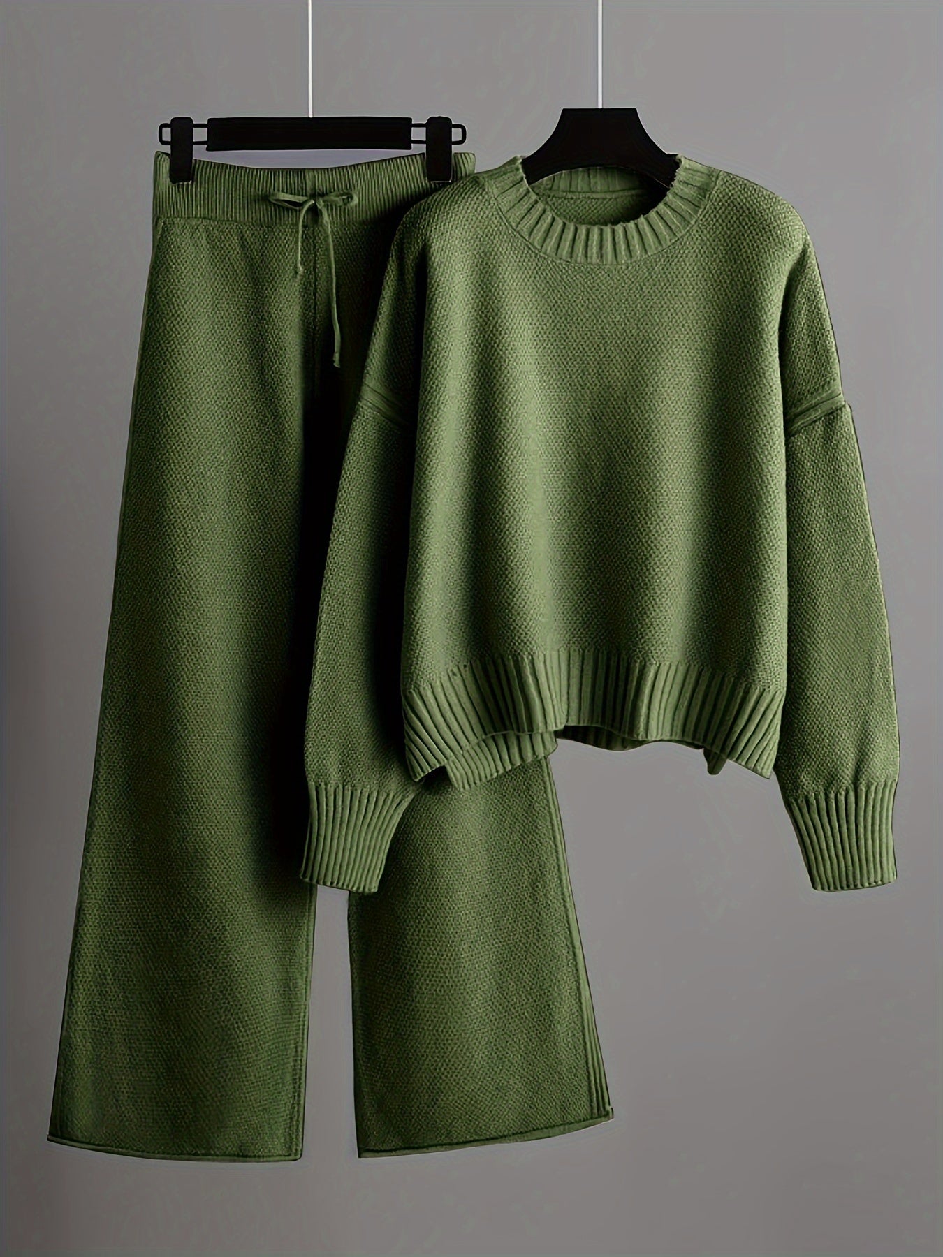 Stickad Dam Outfit set Byxor + Tröja | Drop Shoulder - Casual - Enfärgade - Dragsko i midjan - Breda ben