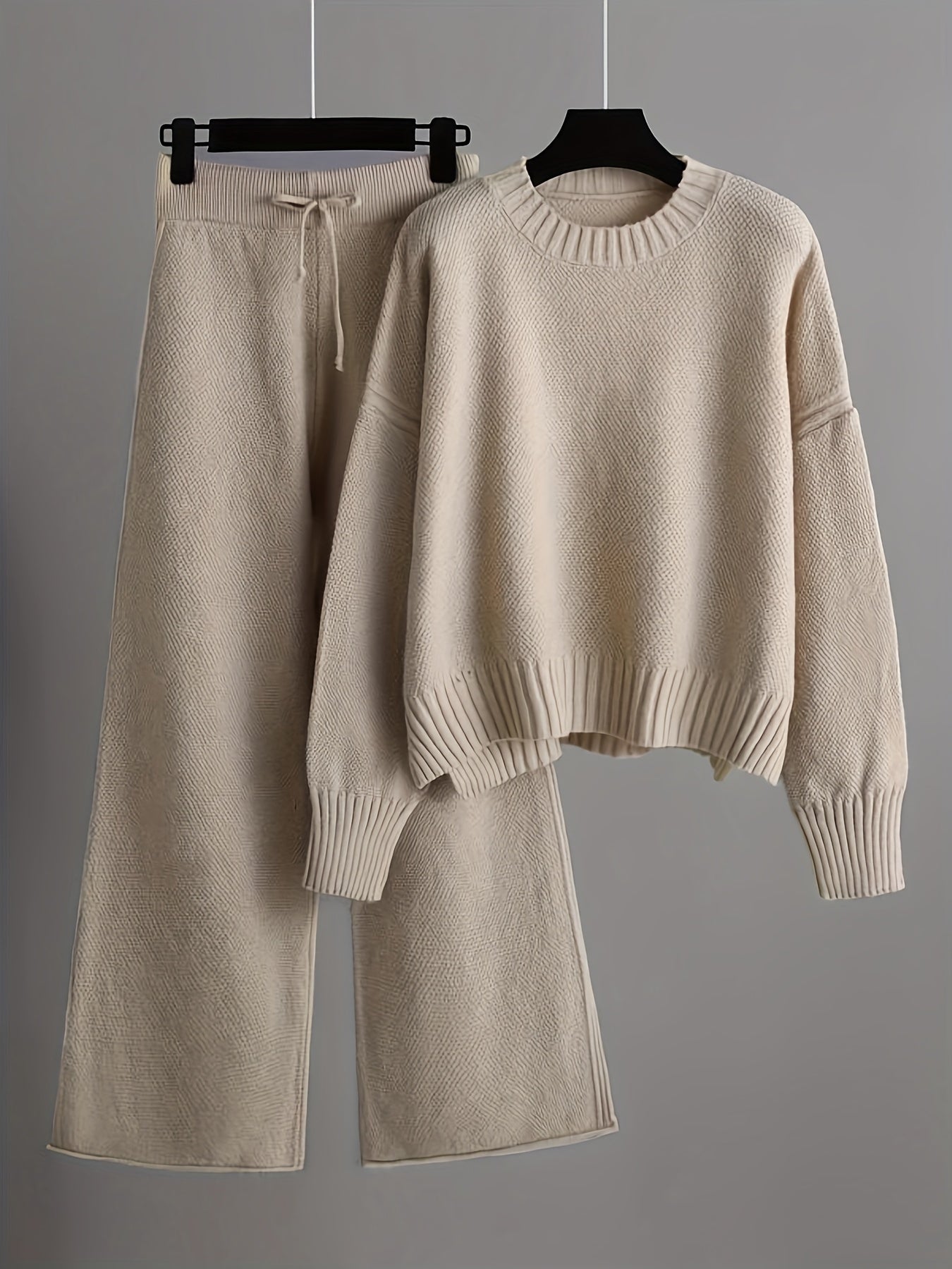 Stickad Dam Outfit set Byxor + Tröja | Drop Shoulder - Casual - Enfärgade - Dragsko i midjan - Breda ben