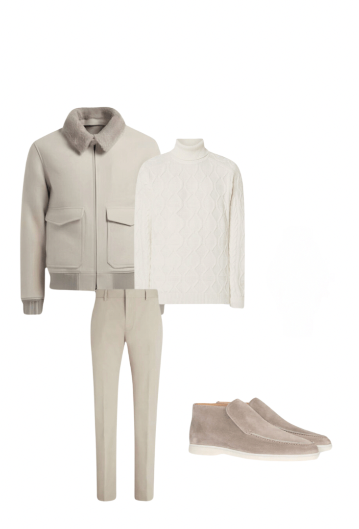 Komplett outfit herr | Jacka/Blazer + Tröja/Blus + Byxor + Loafers med hög mocka - Puento Fortade - TP 33 - Essential Winter Beige/Vit