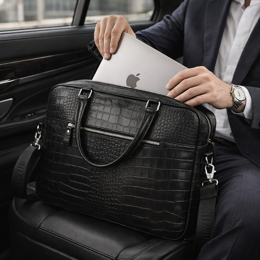 SCHLATUM Genuine Leather Briefcase - Top Grain Cowhide, Crocodile Embossed, Glossy End, Multi-Functional Business Bag, Laptop Bag & Crossbody Bag - The Perfect Gift