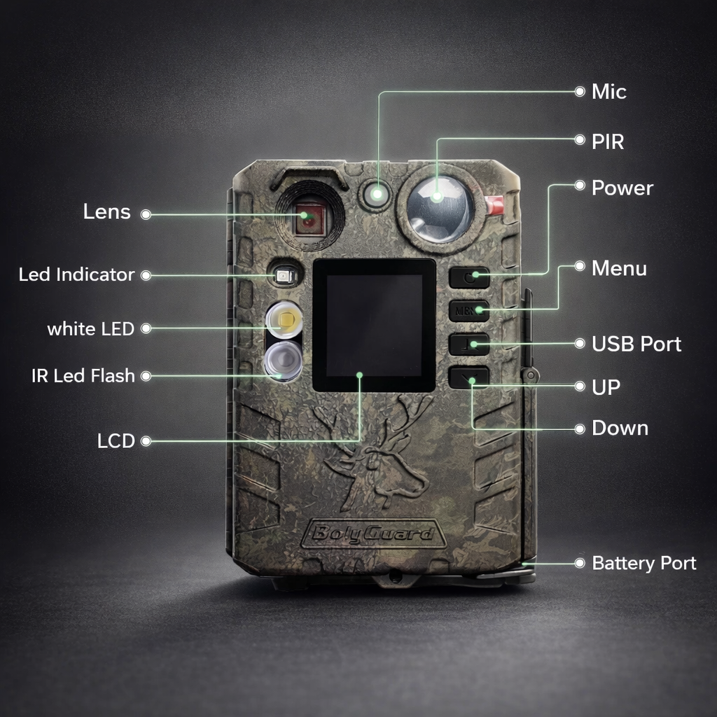 BolyGuard Trail Camera BG410-D 37MP 4K HD Solar Optioneel Dubbele flits Nachtzicht (940nm IR + witte LED) Jacht- en wildlifecamera