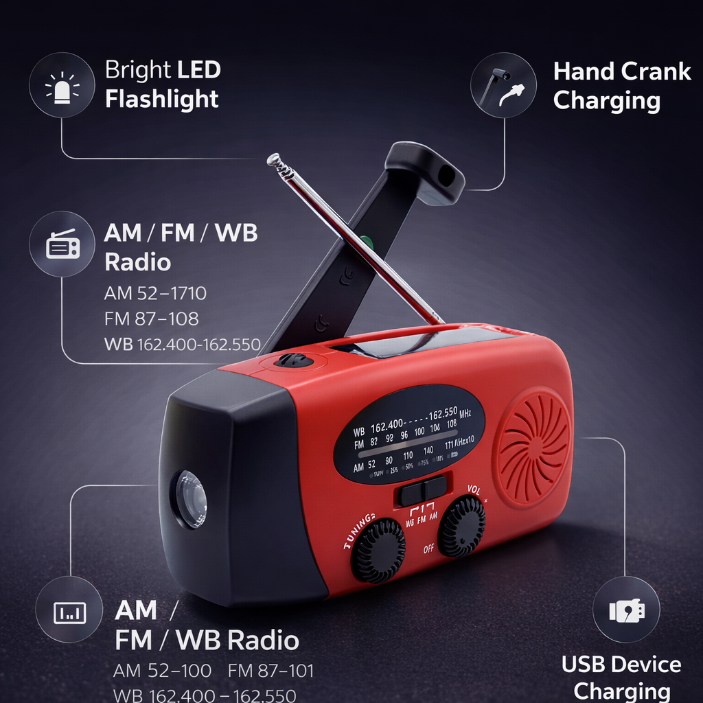 Multifunctionele draagbare handaangedreven stroomopwekker, noodradio, zonne-led-zaklamp, rampenpreventie, FM NOAA powerbank