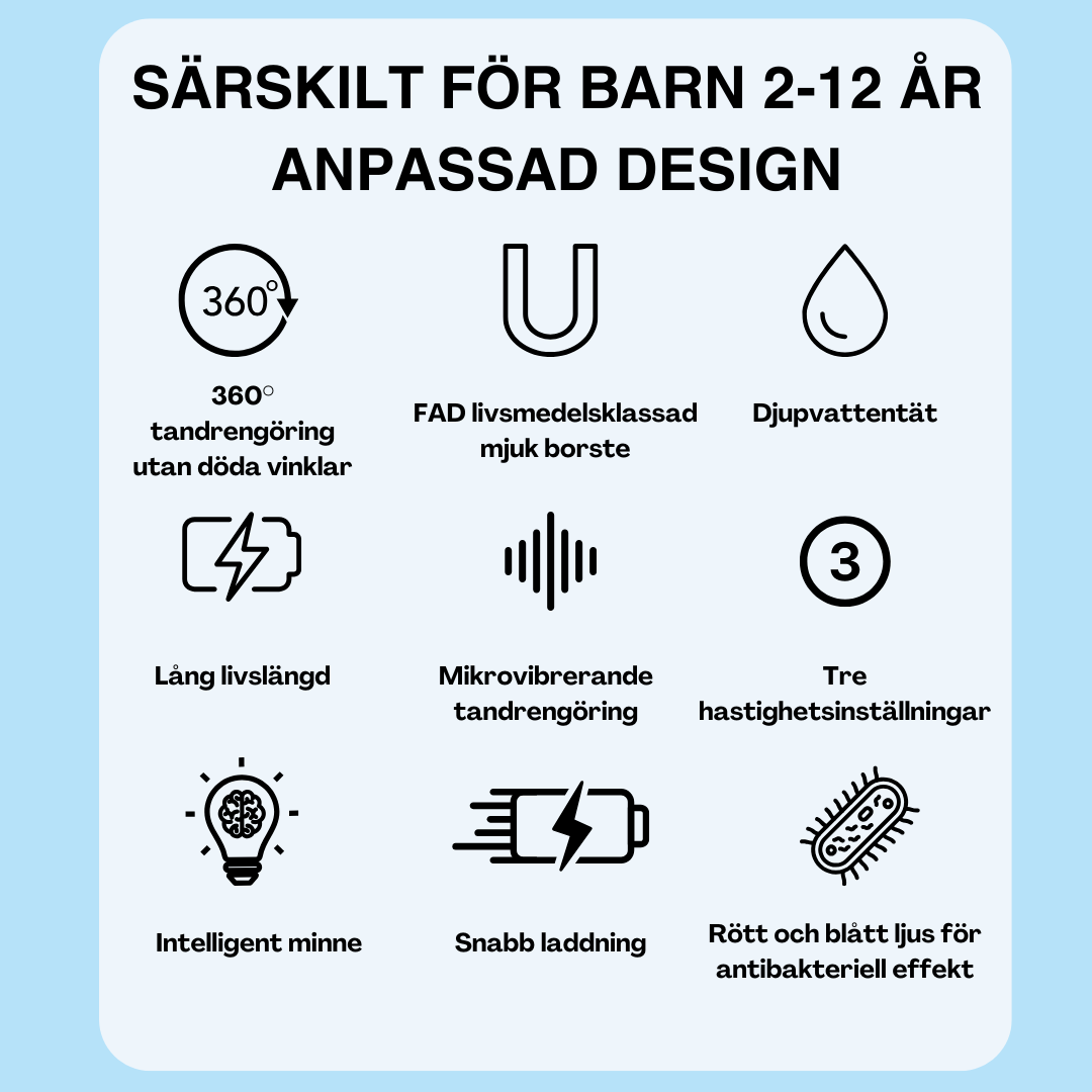 Elektrisk dental brush for barn 2–12 år | 360° re-göring | Trådlös laddning | Mjuk boste | Vattentät | Dinosaur design | Tre hastigheter | Antibacterial ljus