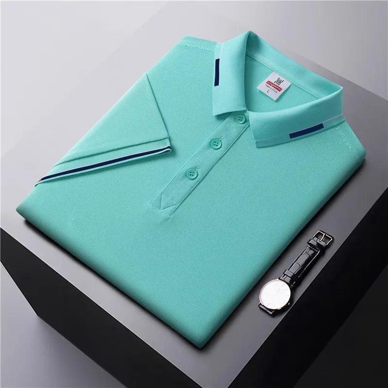 Summer Men's Solid Color Horizontal Bar Polo Shirt Short Sleeve Lower Neck Zipper T-shirt&Men's Casual Street Wear New Men's Top - Visconte