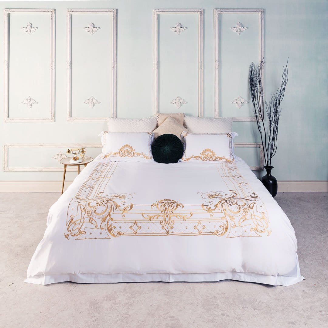 Ivy Gold Forest White and Gold Påslakanset - egyptisk bomull | Elegant White and Gold - Mjuk och snygg för varje säsong