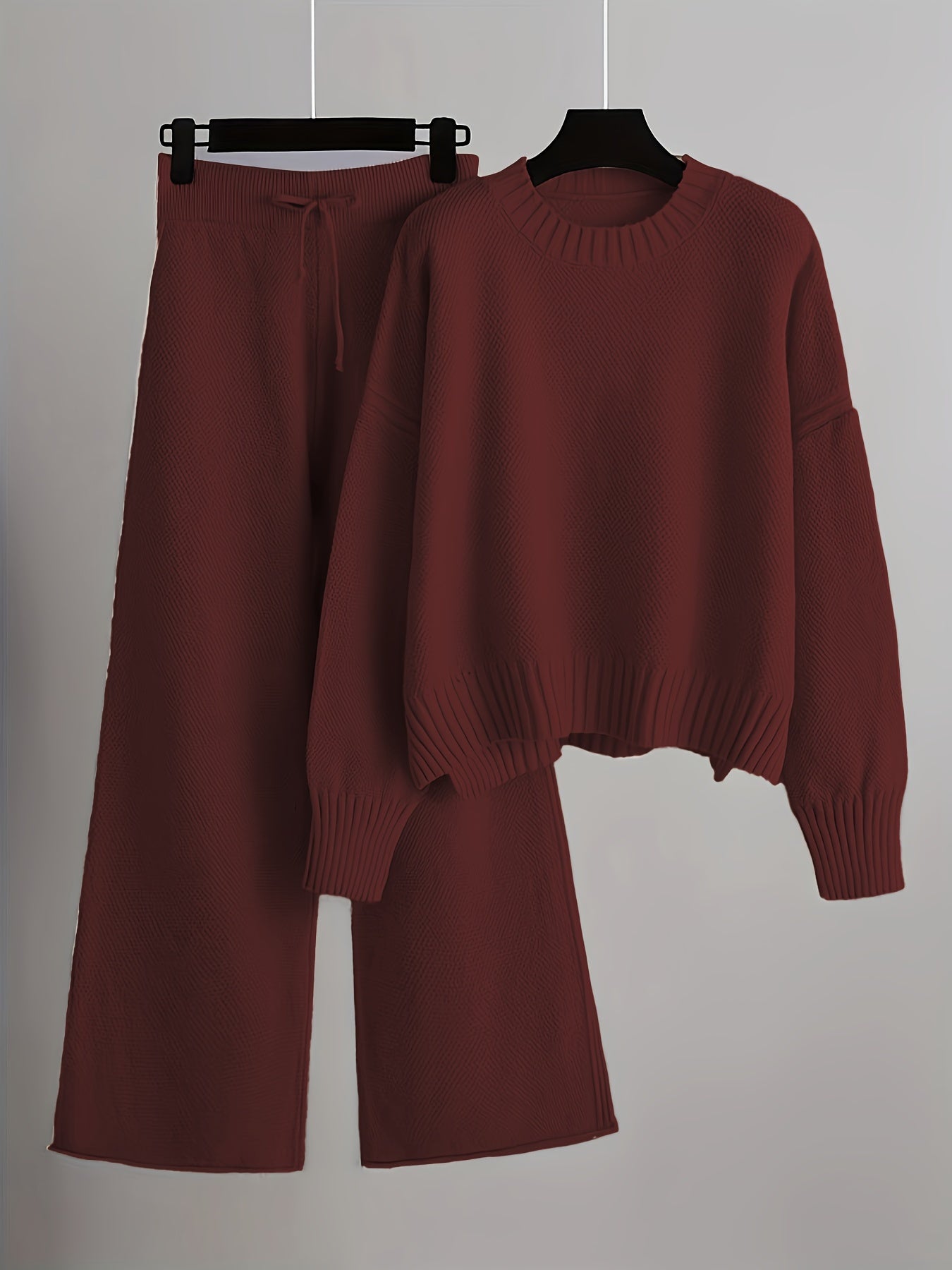 Stickad Dam Outfit set Byxor + Tröja | Drop Shoulder - Casual - Enfärgade - Dragsko i midjan - Breda ben
