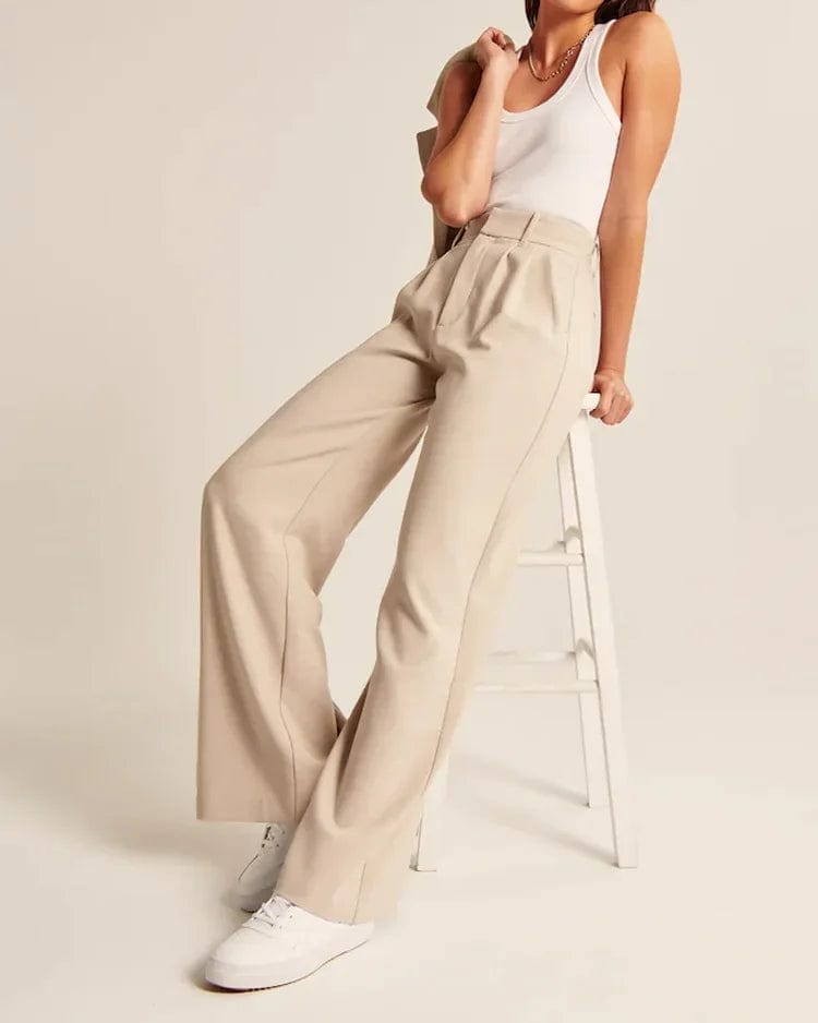 Utsvängda beige byxor med hög midja Dam - Slim Fit - Vintage Charm - Essential Elegans