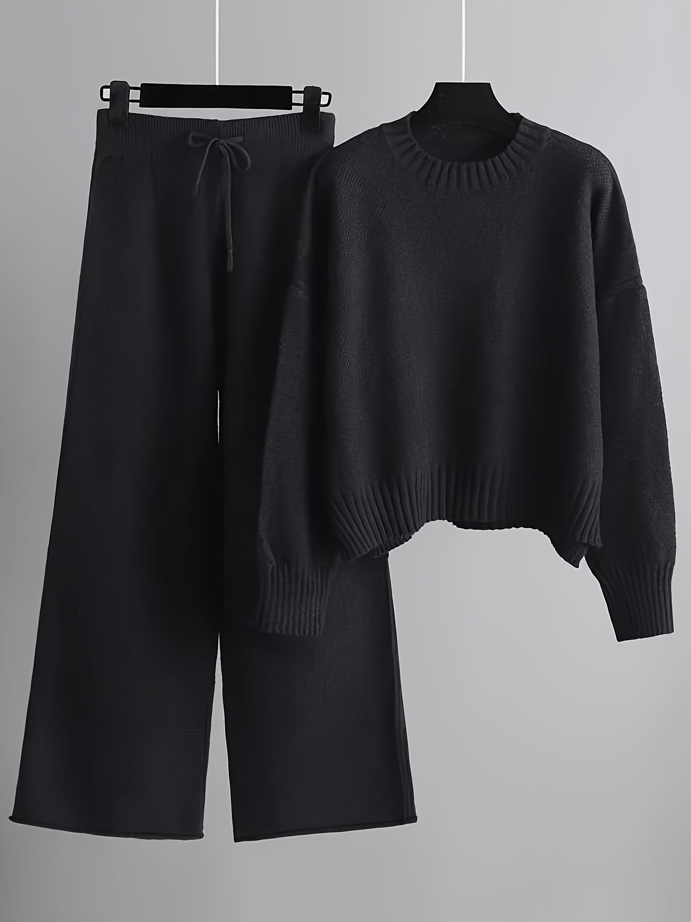 Strikket Dame Outfit sæt Bukser + Sweater | Drop Shoulder - Casual - Ensfarver - Snøre i taljen - Brede ben