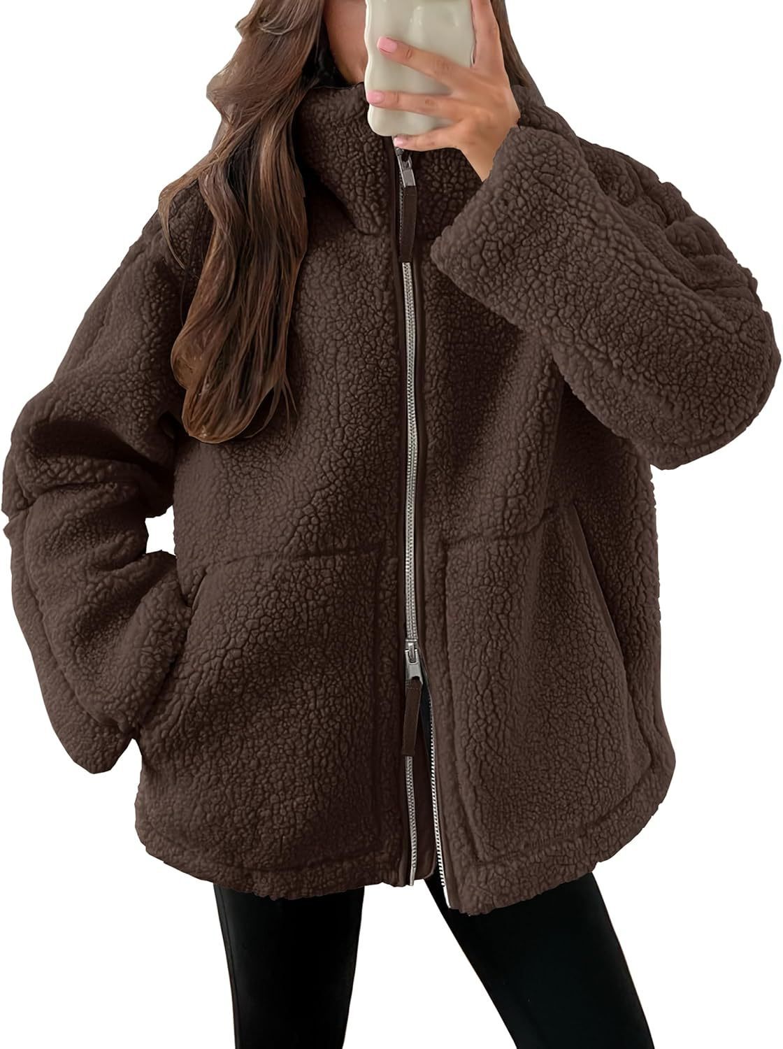 Vinterjacka dam fleece | krage | Dragkedja | Fickor | Modernt lösenord | Flera färgare | Varm jacka för kalla dagar | Storleksbyxor S-XXL