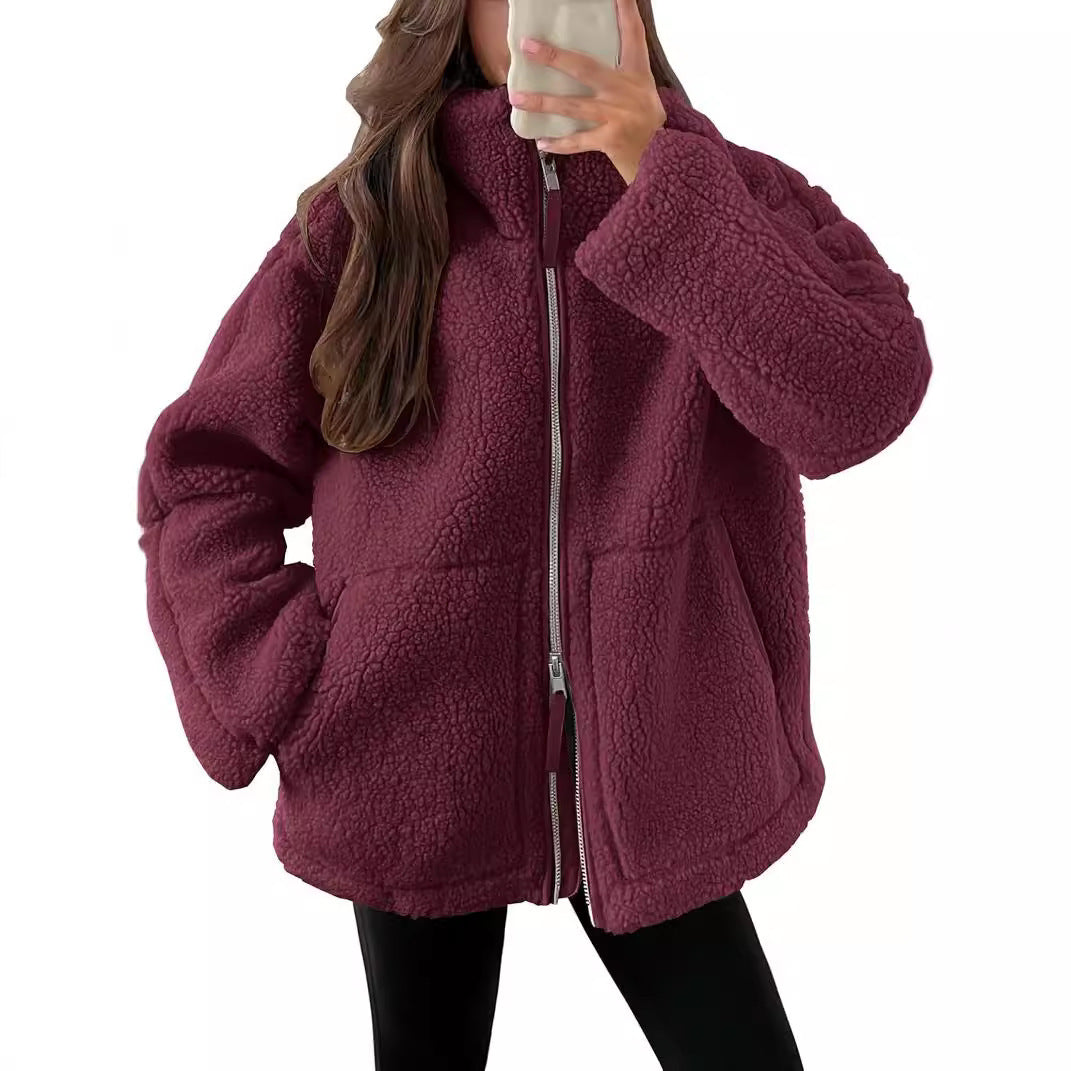 Vinterjacka dam fleece | krage | Dragkedja | Fickor | Modernt lösenord | Flera färgare | Varm jacka för kalla dagar | Storleksbyxor S-XXL