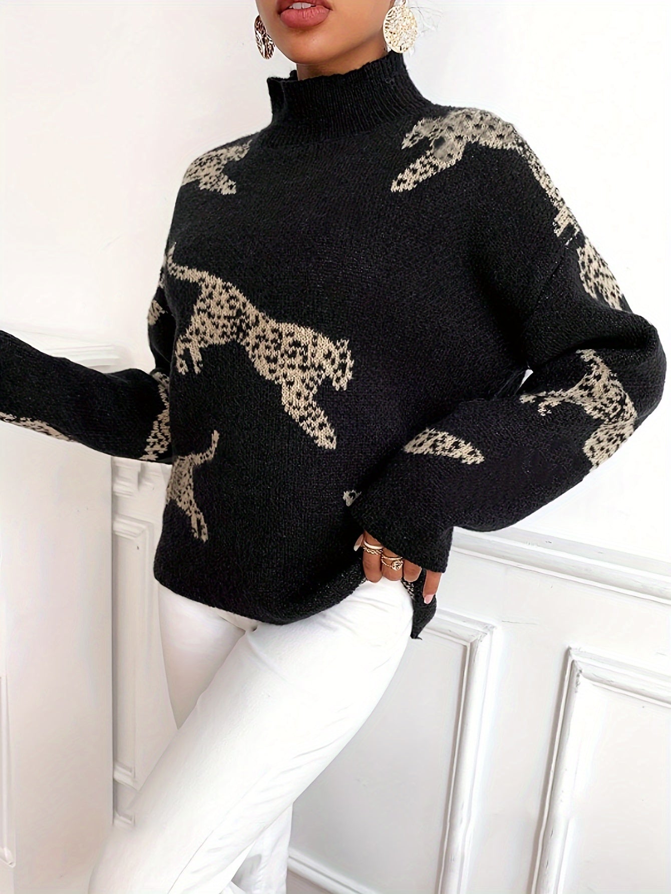 Leopardmönstrad turtleneck-tröja Dam | elegant - långa ärmar - höst och vinter