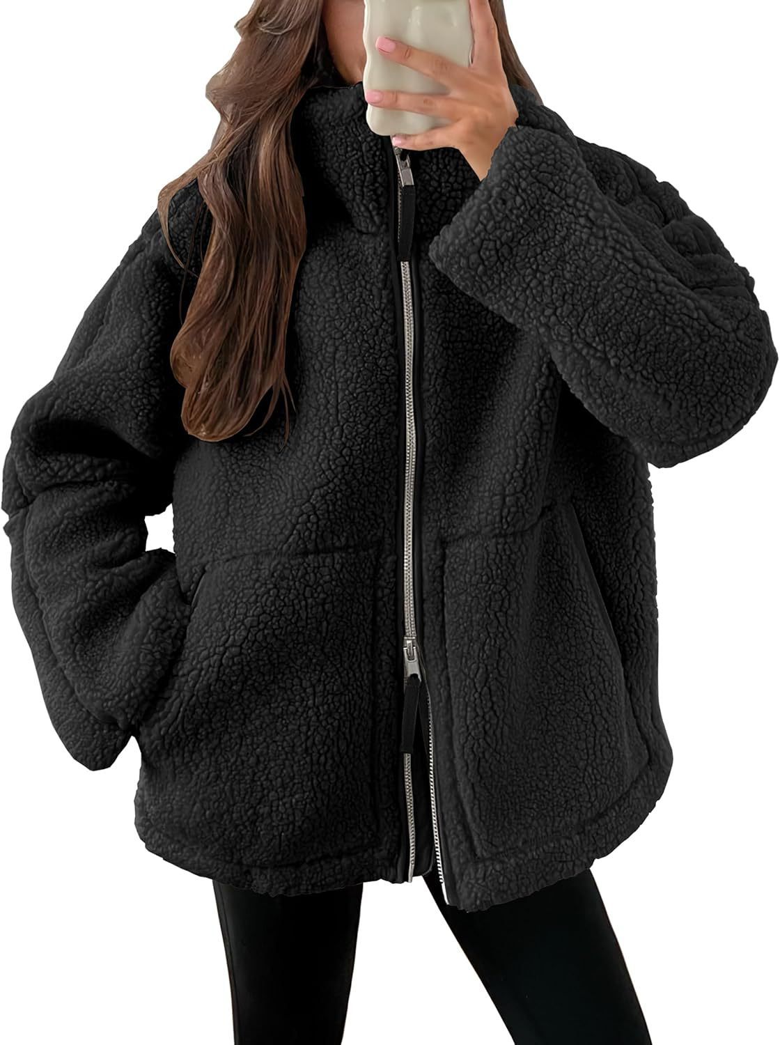 Vinterjacka dam fleece | krage | Dragkedja | Fickor | Modernt lösenord | Flera färgare | Varm jacka för kalla dagar | Storleksbyxor S-XXL