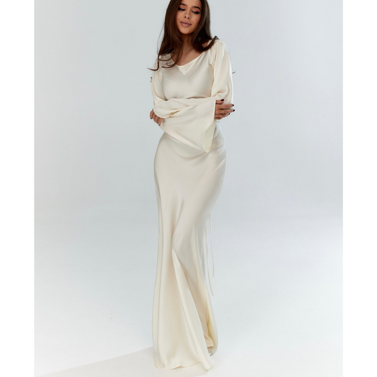 Kvinnors satin maxiklänning - elegant aftonklänning med långa ärmar för speciella tillfällen