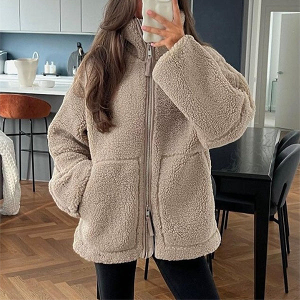 Vinterjacka dam fleece | krage | Dragkedja | Fickor | Modernt lösenord | Flera färgare | Varm jacka för kalla dagar | Storleksbyxor S-XXL