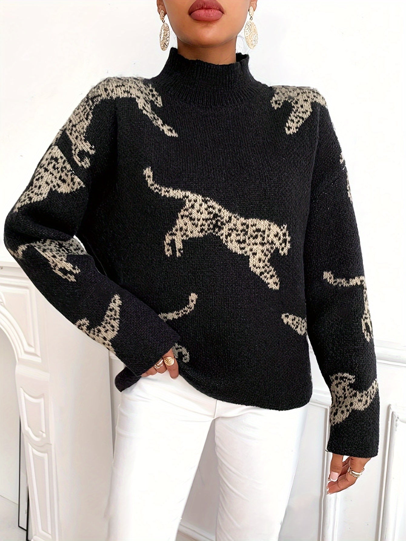 Leopardmönstrad turtleneck-tröja Dam | elegant - långa ärmar - höst och vinter