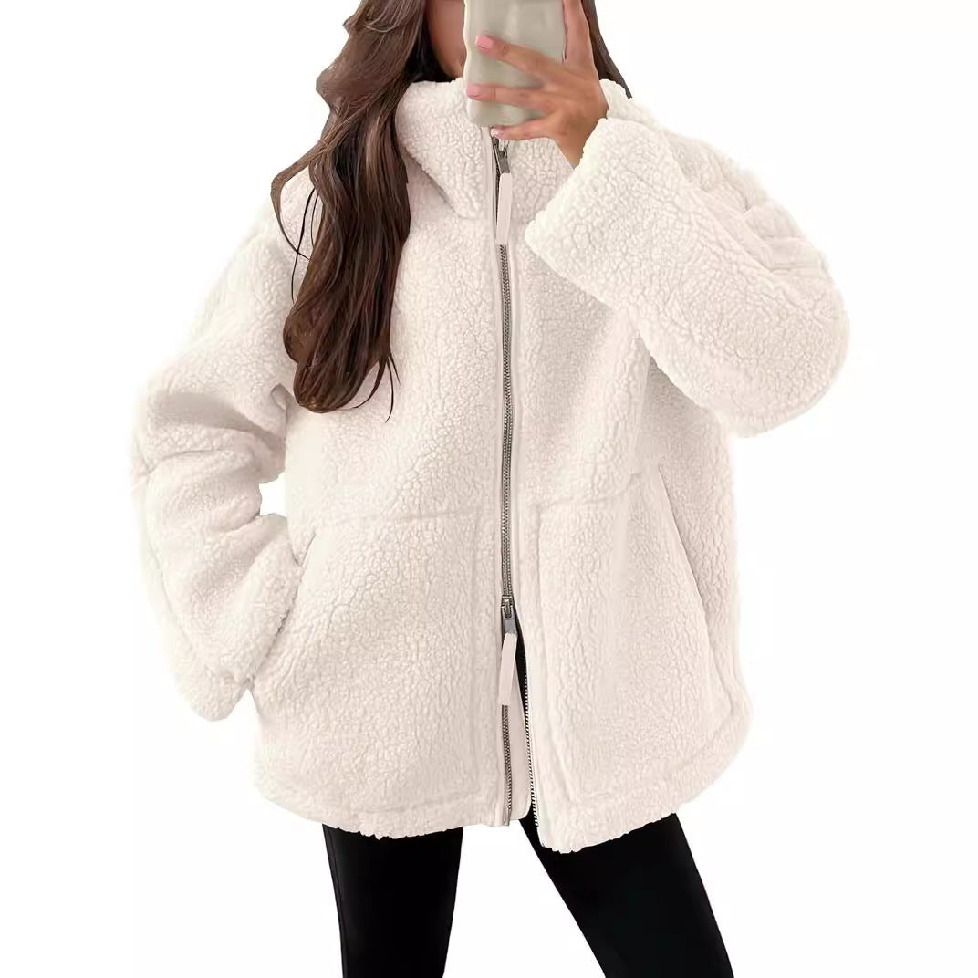 Vinterjacka dam fleece | krage | Dragkedja | Fickor | Modernt lösenord | Flera färgare | Varm jacka för kalla dagar | Storleksbyxor S-XXL
