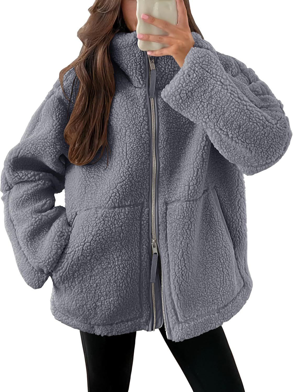 Vinterjacka dam fleece | krage | Dragkedja | Fickor | Modernt lösenord | Flera färgare | Varm jacka för kalla dagar | Storleksbyxor S-XXL