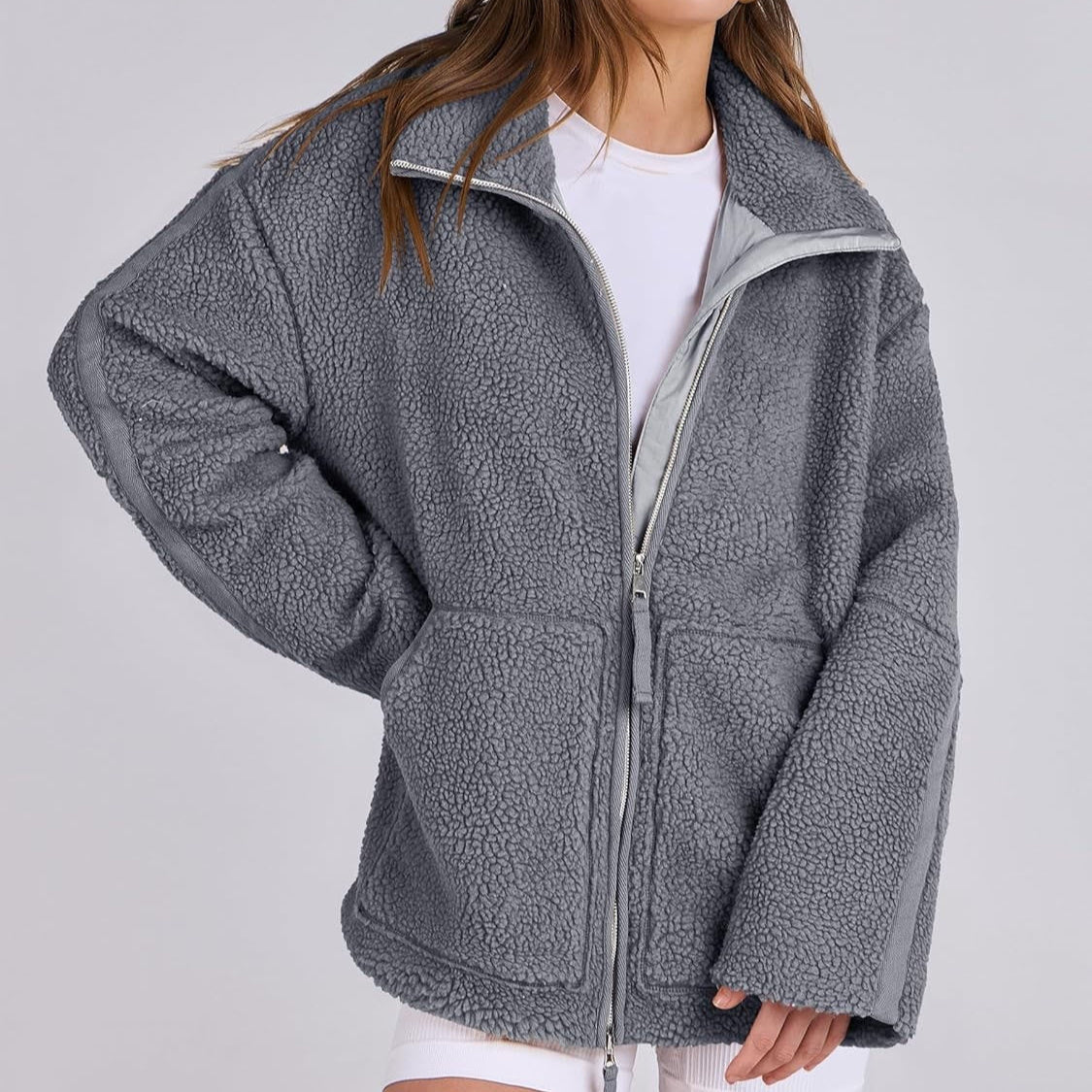 Vinterjacka dam fleece | krage | Dragkedja | Fickor | Modernt lösenord | Flera färgare | Varm jacka för kalla dagar | Storleksbyxor S-XXL