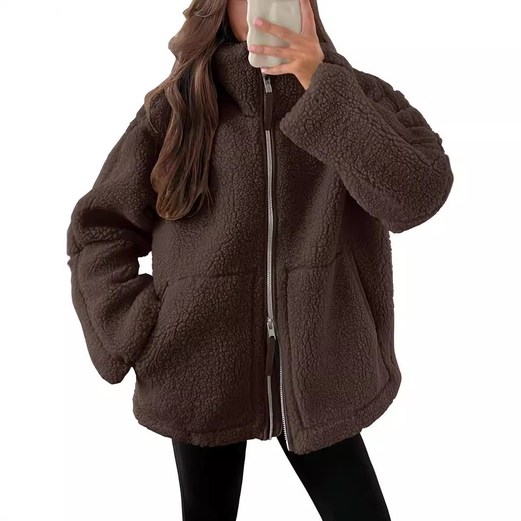 Vinterjacka dam fleece | krage | Dragkedja | Fickor | Modernt lösenord | Flera färgare | Varm jacka för kalla dagar | Storleksbyxor S-XXL