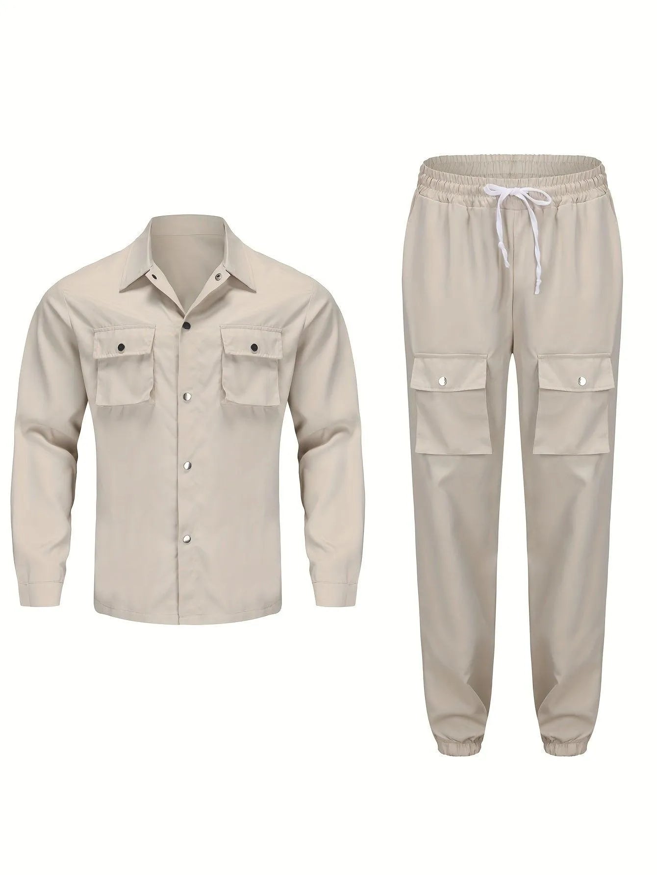 Heren Casual Twee-delige Set, Basic Stijl, Beige Werkjas En Joggingbroek Combo Met Meerdere Zakken, Comfortabele Pasvorm, Voor Lente Herfst Winter - Visconte