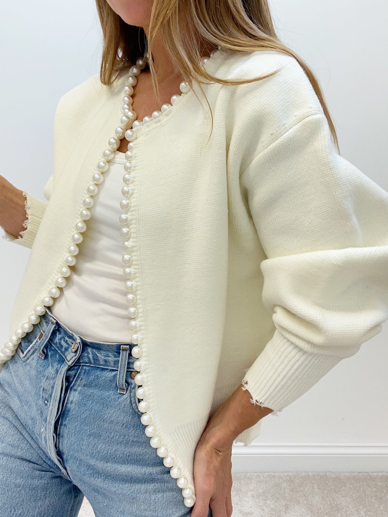 Pearl Trim | Ripped Hem Cardigan Sweater Dam