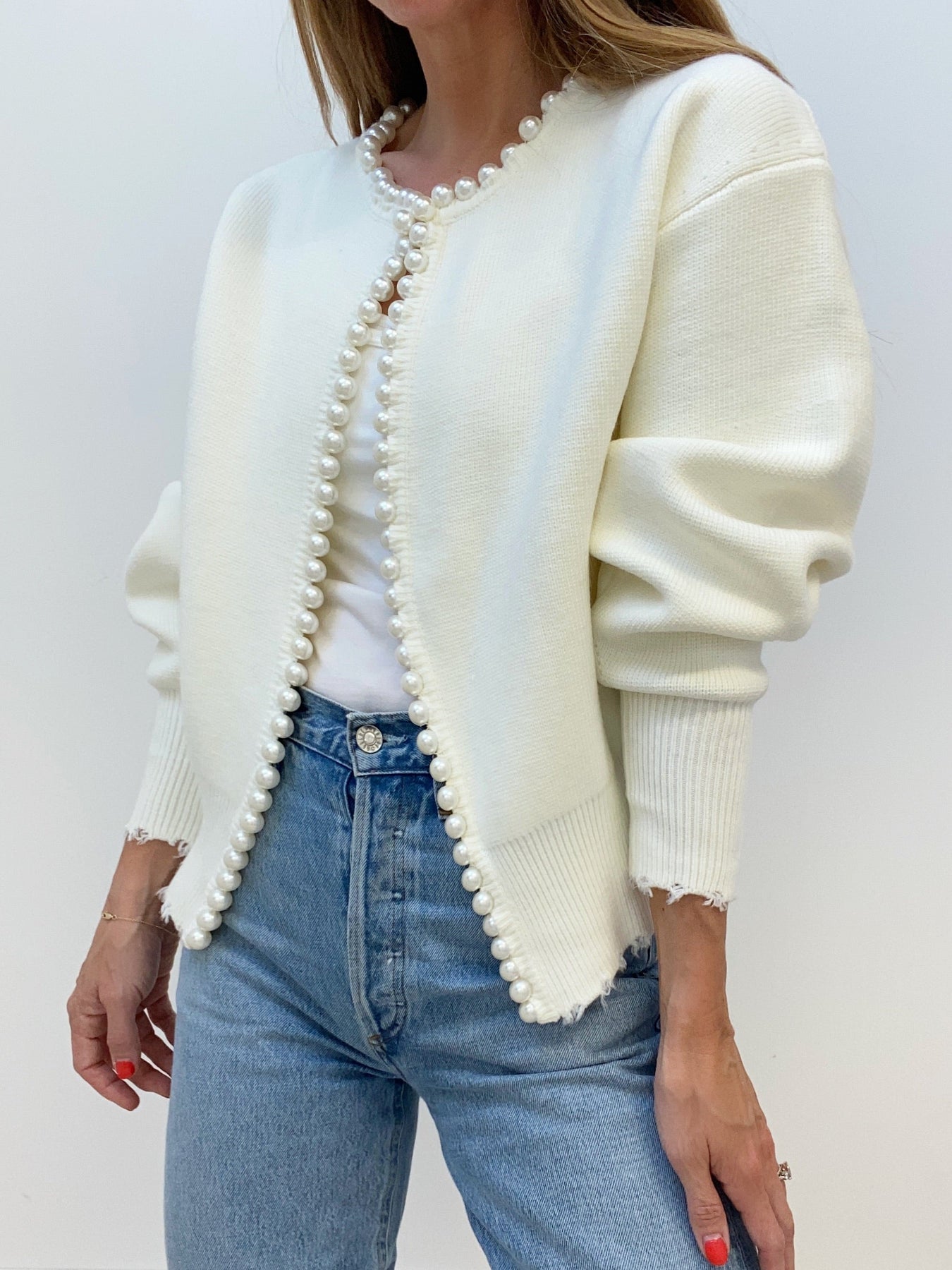 Pearl Trim | Ripped Hem Cardigan Sweater Dam