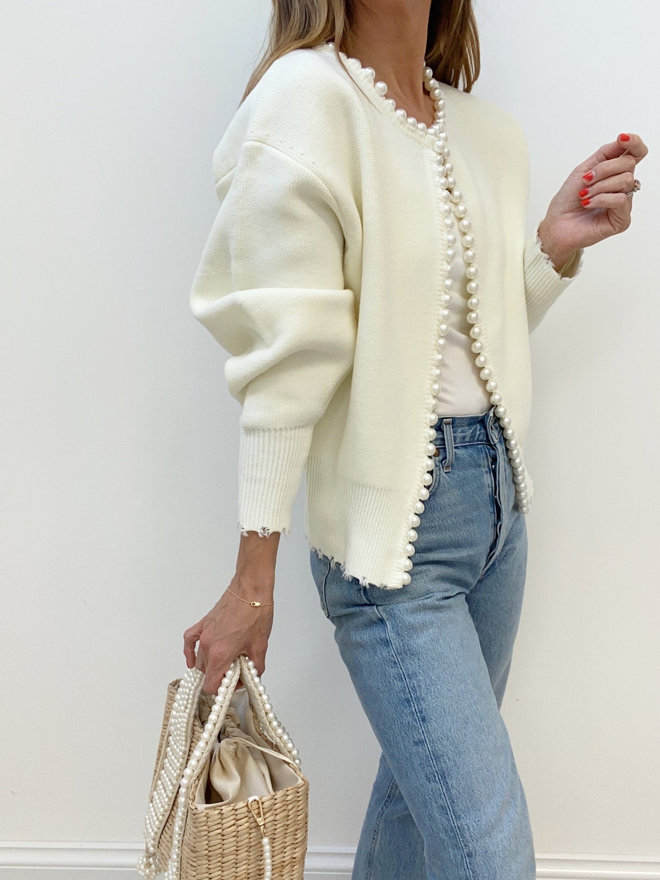 Pearl Trim | Ripped Hem Cardigan Sweater Dam