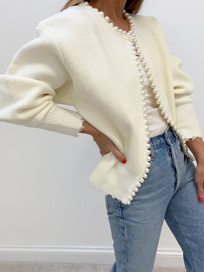 Pearl Trim | Ripped Hem Cardigan Sweater Dam