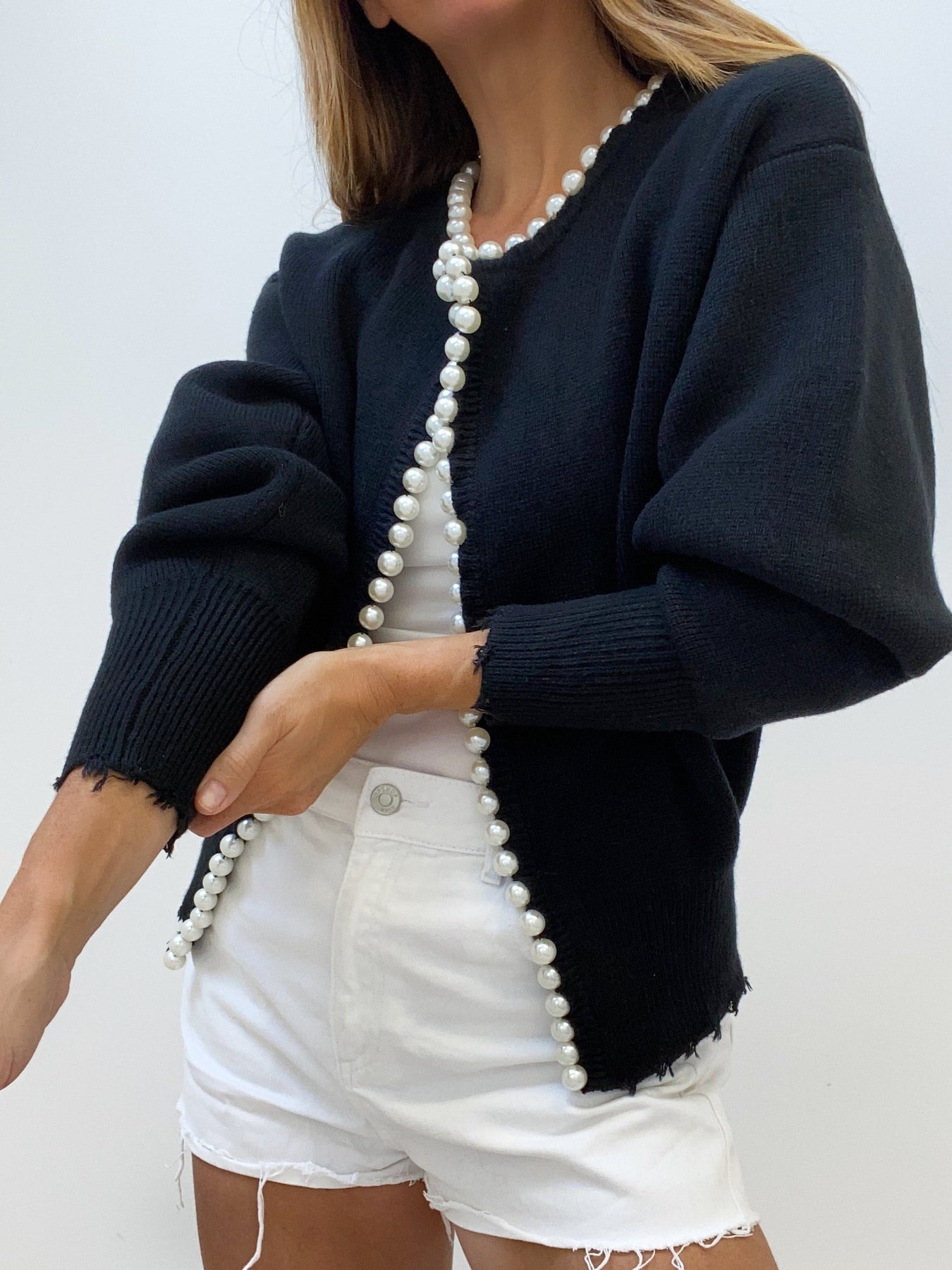 Pearl Trim | Ripped Hem Cardigan Sweater Dam