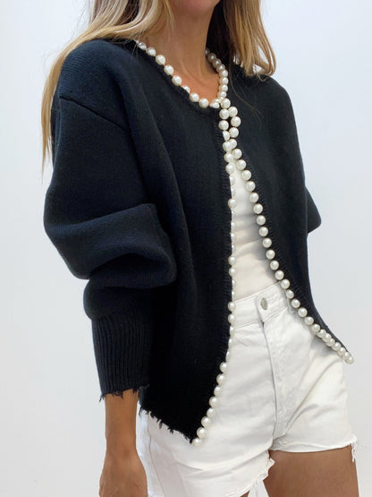 Pearl Trim | Ripped Hem Cardigan Sweater Dam