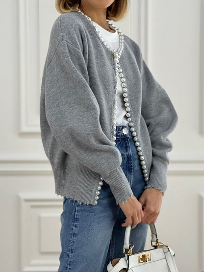 Pearl Trim | Ripped Hem Cardigan Sweater Dam