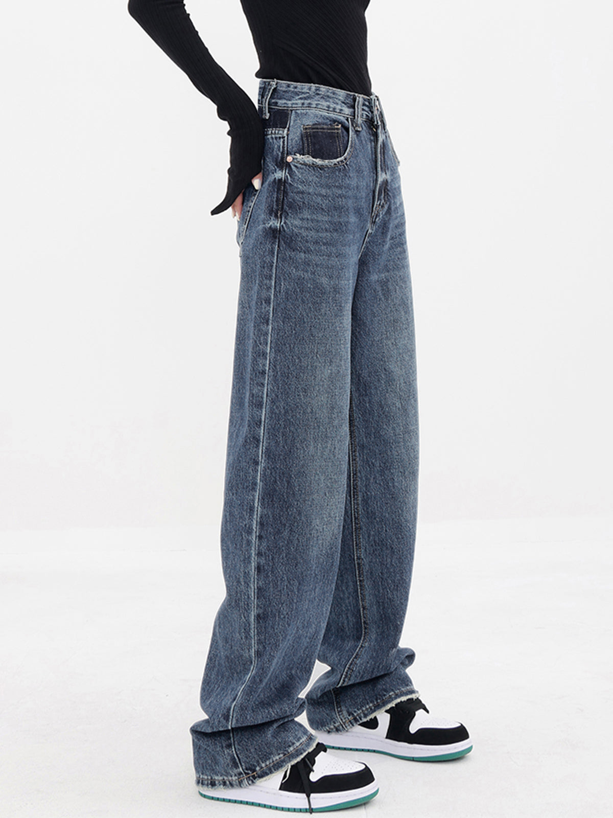 Patchwork fickor Denim Wide Leg Boyfriend Jeans