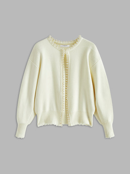 Pearl Trim | Ripped Hem Cardigan Sweater Dam