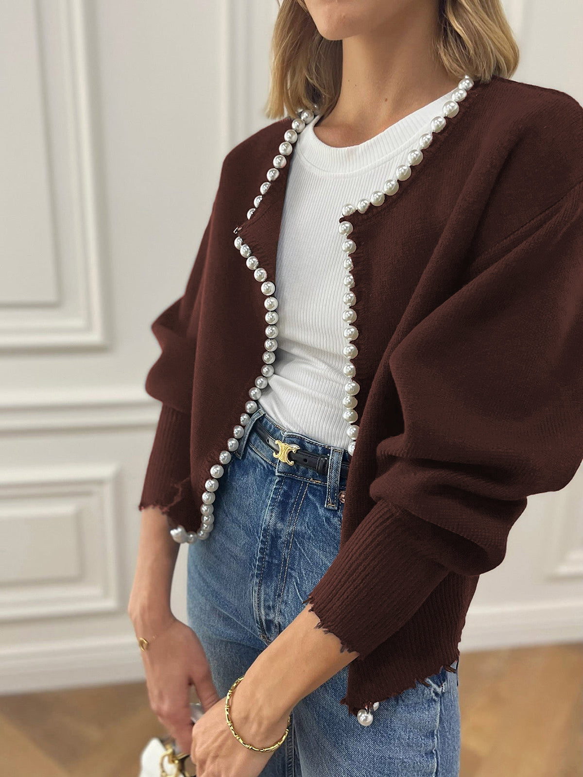 Pearl Trim | Ripped Hem Cardigan Sweater Dam