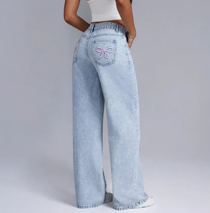 Wide Denim Jeans Women - Pink Bow - Regular Fit - Unique Details - Essential Elegance