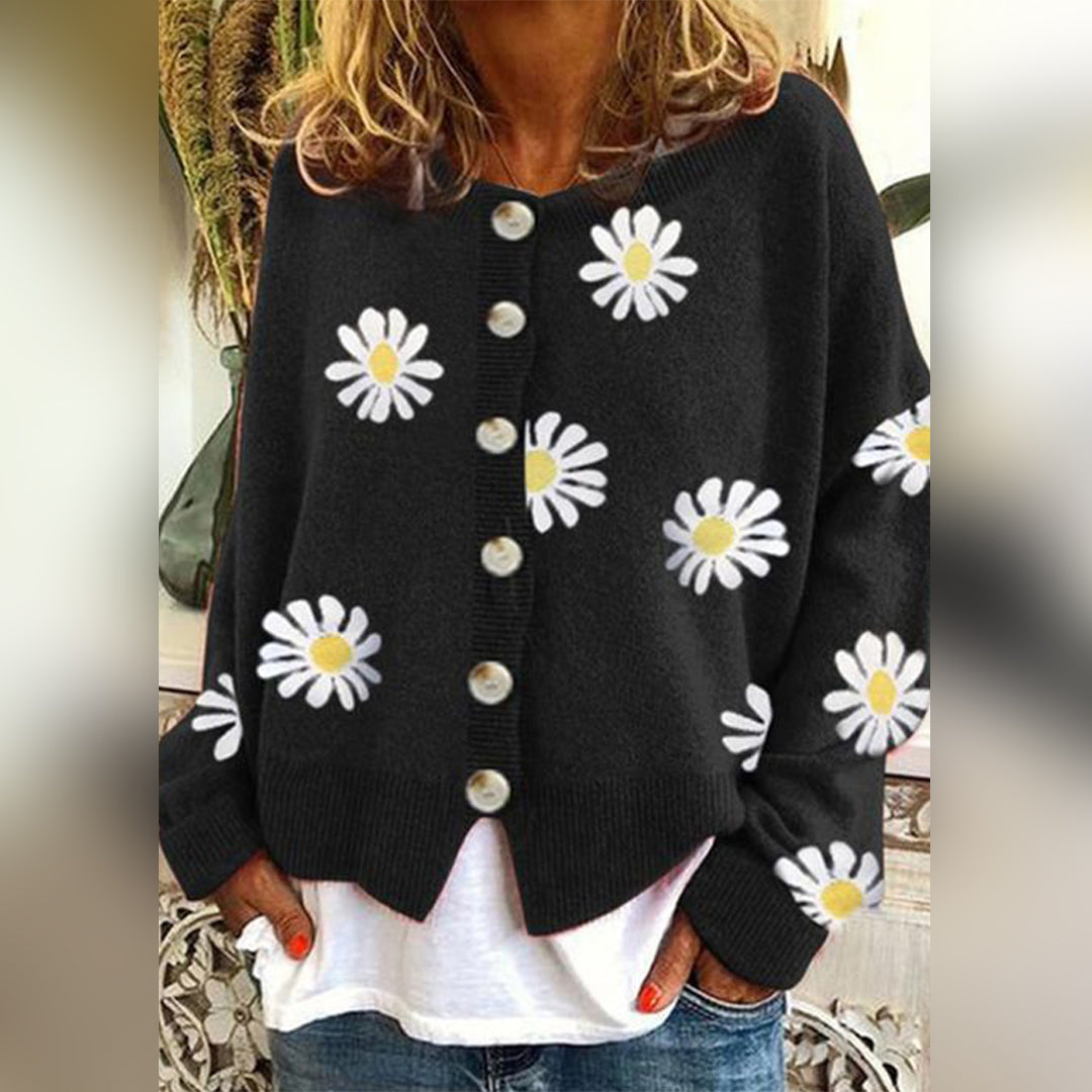 Stickad kofta - Blommönster - Loose Fit - För en bekväm vardagslook