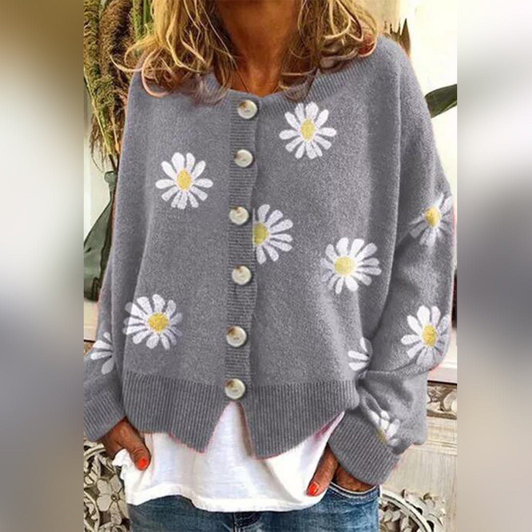 Stickad kofta - Blommönster - Loose Fit - För en bekväm vardagslook