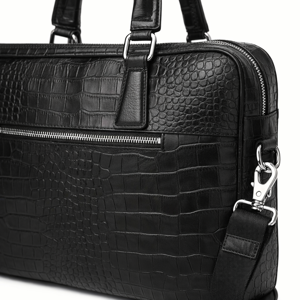 SCHLATUM Genuine Leather Briefcase - Top Grain Cowhide, Crocodile Embossed, Glossy End, Multi-Functional Business Bag, Laptop Bag & Crossbody Bag - The Perfect Gift