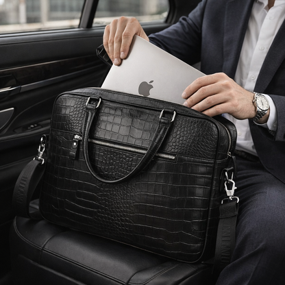 SCHLATUM Genuine Leather Briefcase - Top Grain Cowhide, Crocodile Embossed, Glossy End, Multi-Functional Business Bag, Laptop Bag & Crossbody Bag - The Perfect Gift