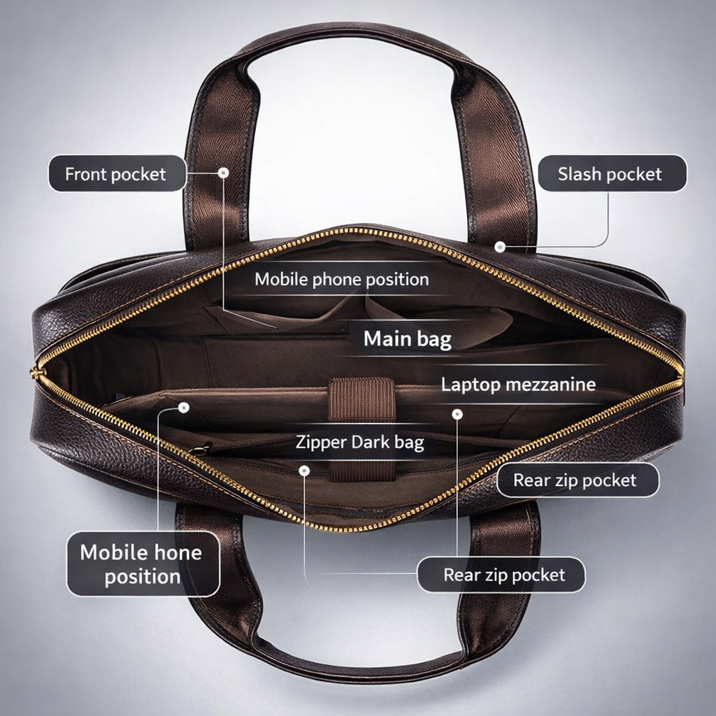 Men's Genuine Leather Briefcase, 15-Inch Laptop Business Bag, Travel Bag, Hand-Carry/Shoulder Business Bag
