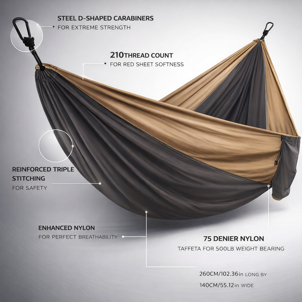 1 Black/Brown Anti-Tip Hammock with Large Tree-Friendly Straps and Portable Storage Bag - Durable Textured Fabric, Suitable for Outdoor, Indoor, Camping, Traveling & Picnicking