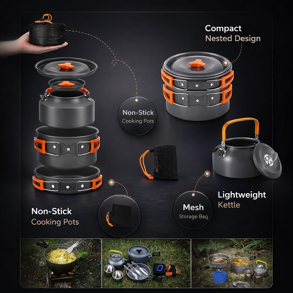 Ultra Portable Camping Cookware Set Outdoor Cookware 3pcs Set Camping Pot+frying Pan+kettle Hiking Picnic Equipment Portable Camping Cookware Quick Disassembly and Storage