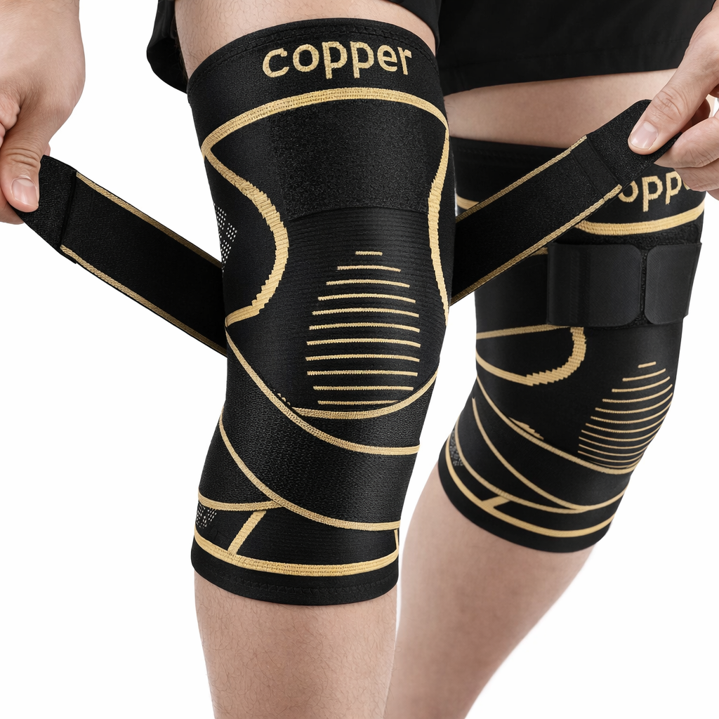2PACK 2-packKoperen kniebraces met riem voor kniepijn dames en heren, verlichting van gewrichtspijn, kniesteun voor werken, hardlopen, gewichtheffen