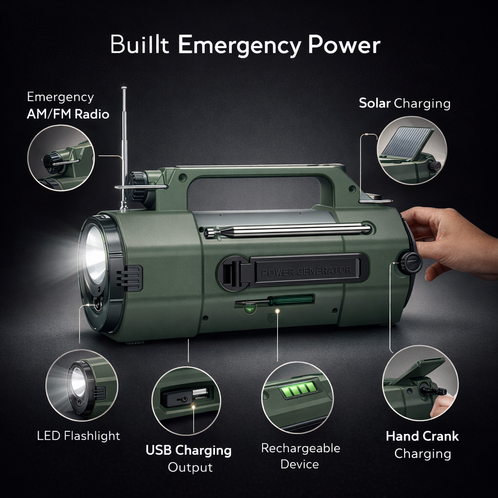 Nieuwe multifunctionele buitenradio FM/MW/SW/VHF/WB, handmatige noodgenerator, LED-zaklamp noodopladen SOS-alarm, 5000 mAh
