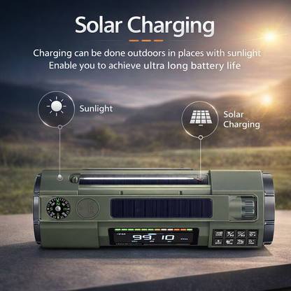 Nieuwe multifunctionele buitenradio FM/MW/SW/VHF/WB, handmatige noodgenerator, LED-zaklamp noodopladen SOS-alarm, 5000 mAh