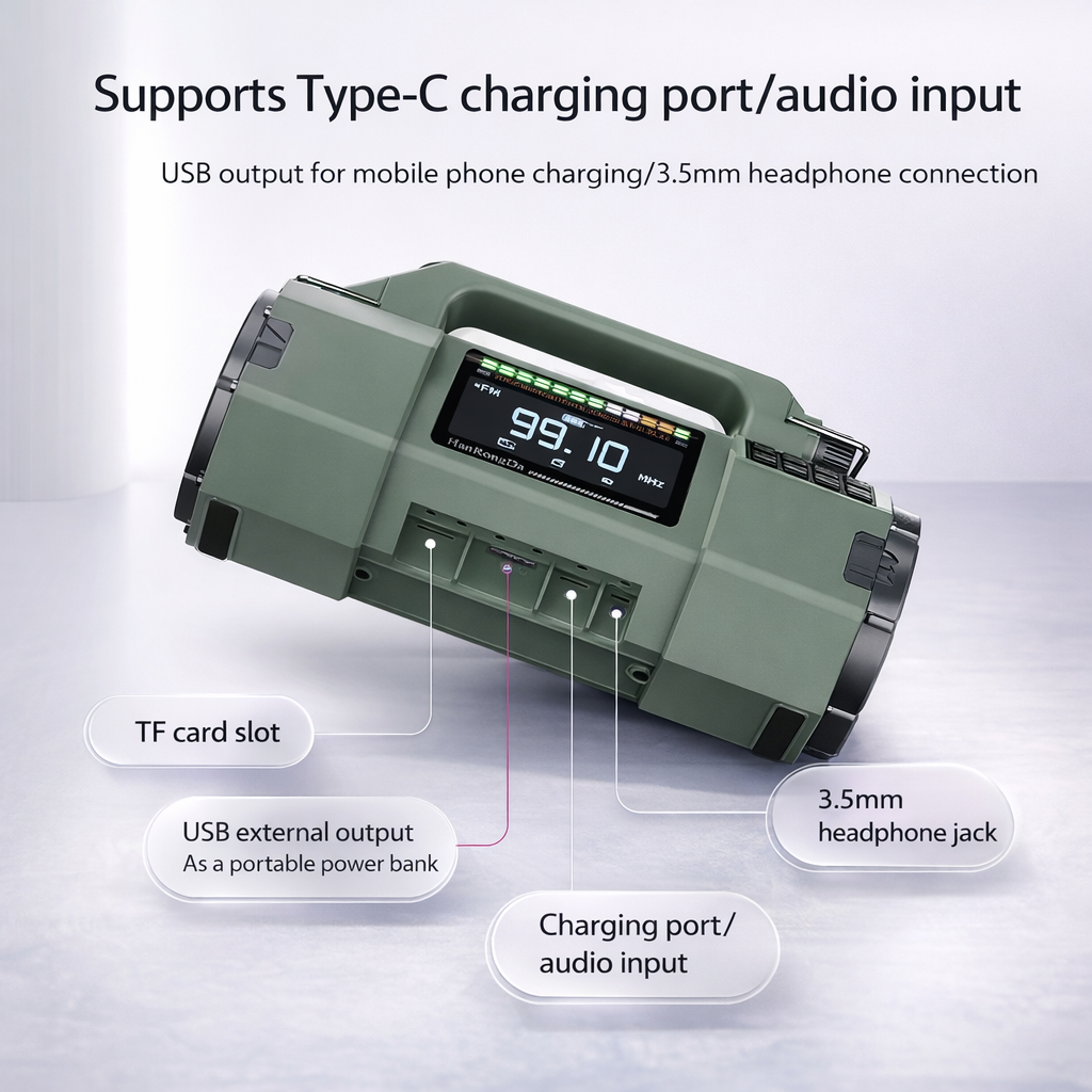 Nieuwe multifunctionele buitenradio FM/MW/SW/VHF/WB, handmatige noodgenerator, LED-zaklamp noodopladen SOS-alarm, 5000 mAh