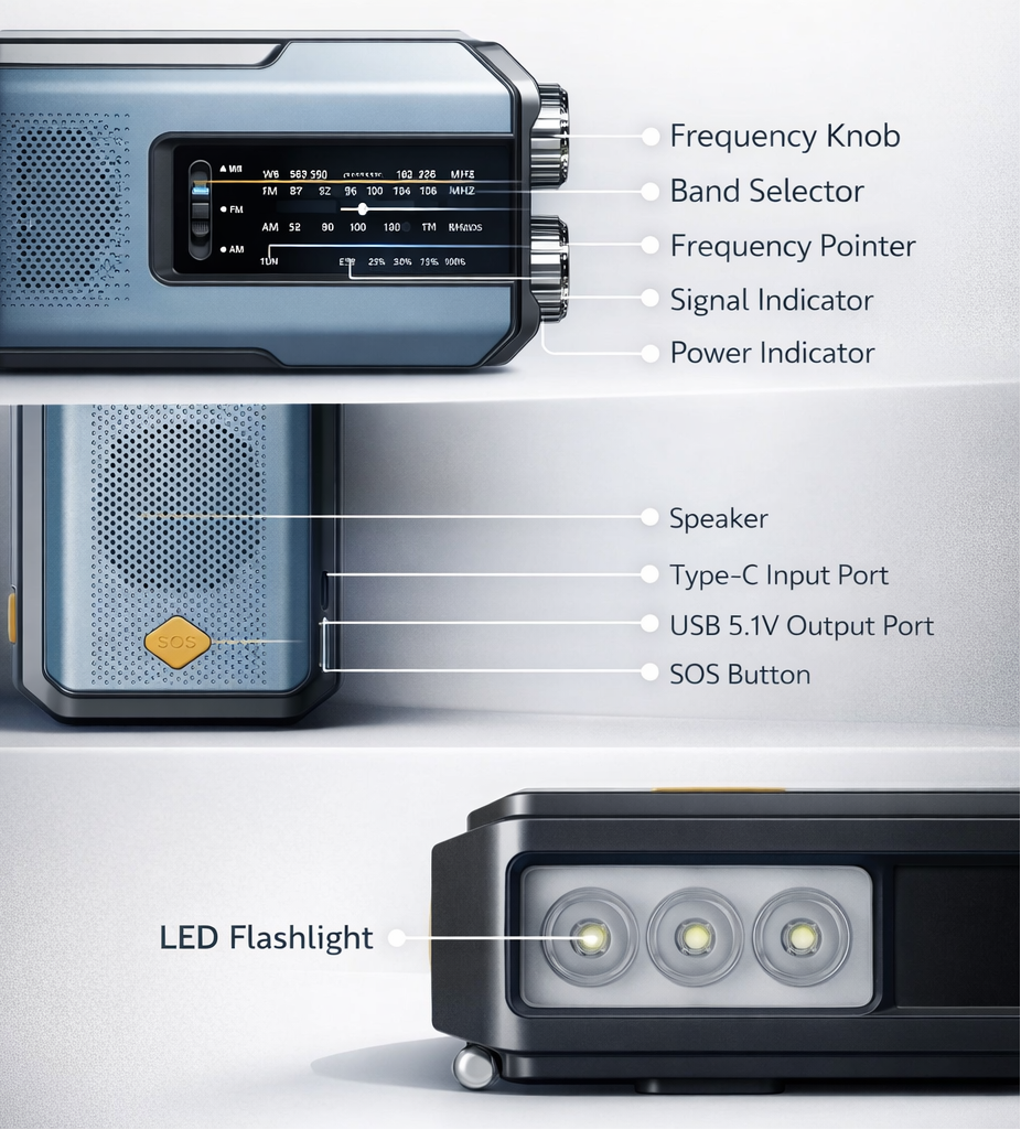 Weerradio Multifunctionele noodradio FM AM WB Handslinger Solar USB Opladen 2000mAh Power Bank LED-zaklamp Zaklamp