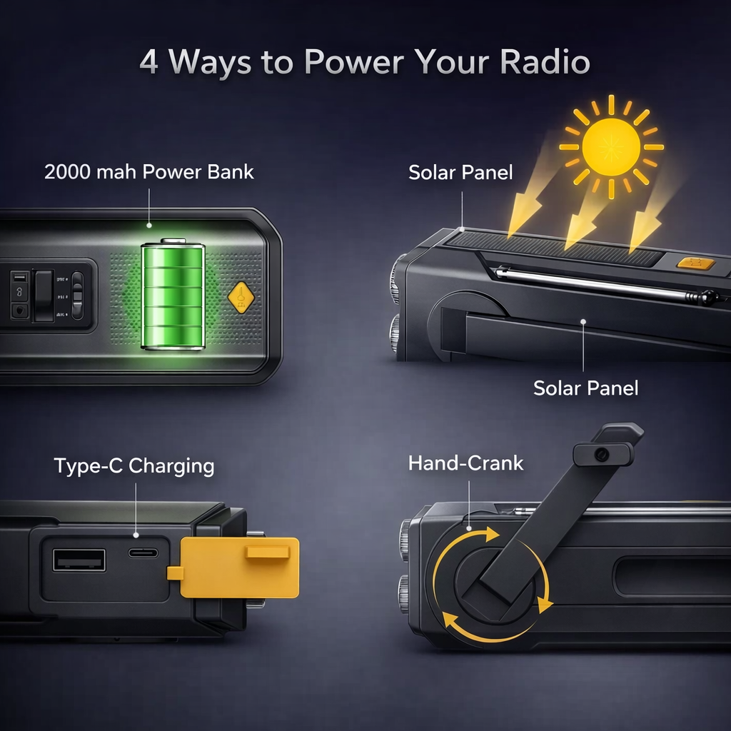 Weerradio Multifunctionele noodradio FM AM WB Handslinger Solar USB Opladen 2000mAh Power Bank LED-zaklamp Zaklamp