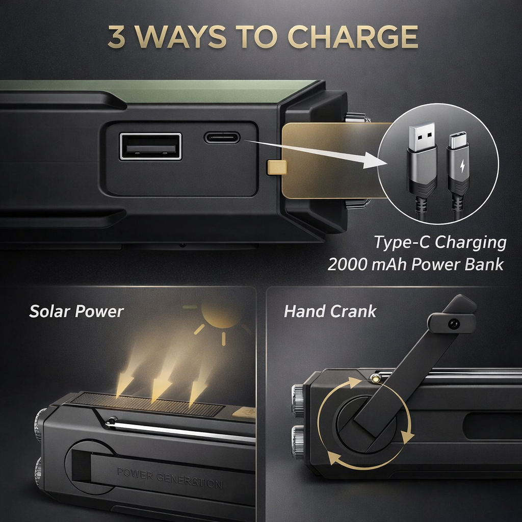 Weerradio Multifunctionele noodradio FM AM WB Handslinger Solar USB Opladen 2000mAh Power Bank LED-zaklamp Zaklamp